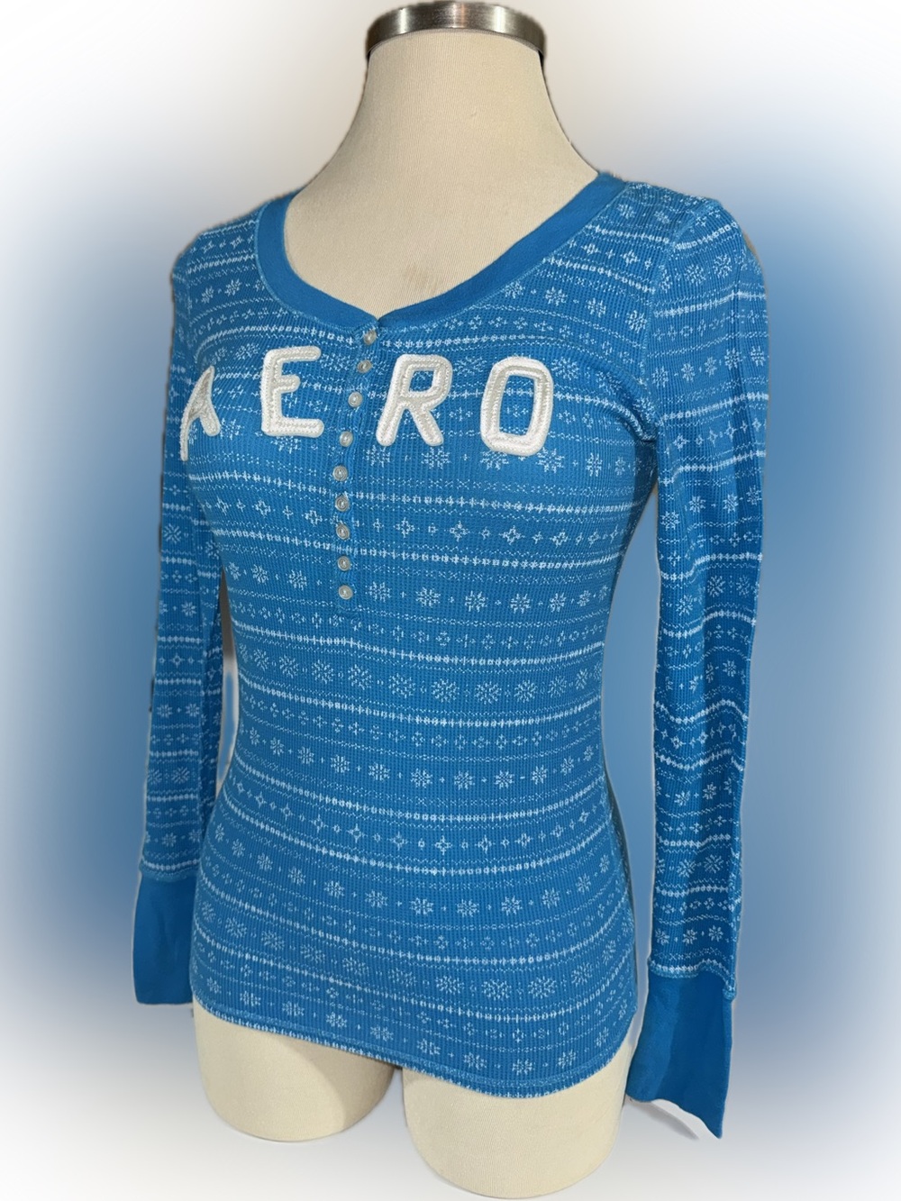Aeropostale Blue Fair Isle Henley Long Sleeve Top size XL